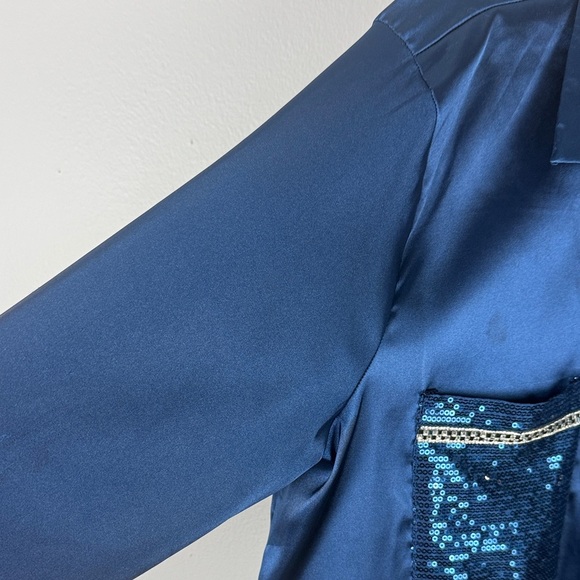 Linea Domani Blue Satin Like Rhinestone Buttons Down Front Blouse Size XXL - Picture 4 of 15